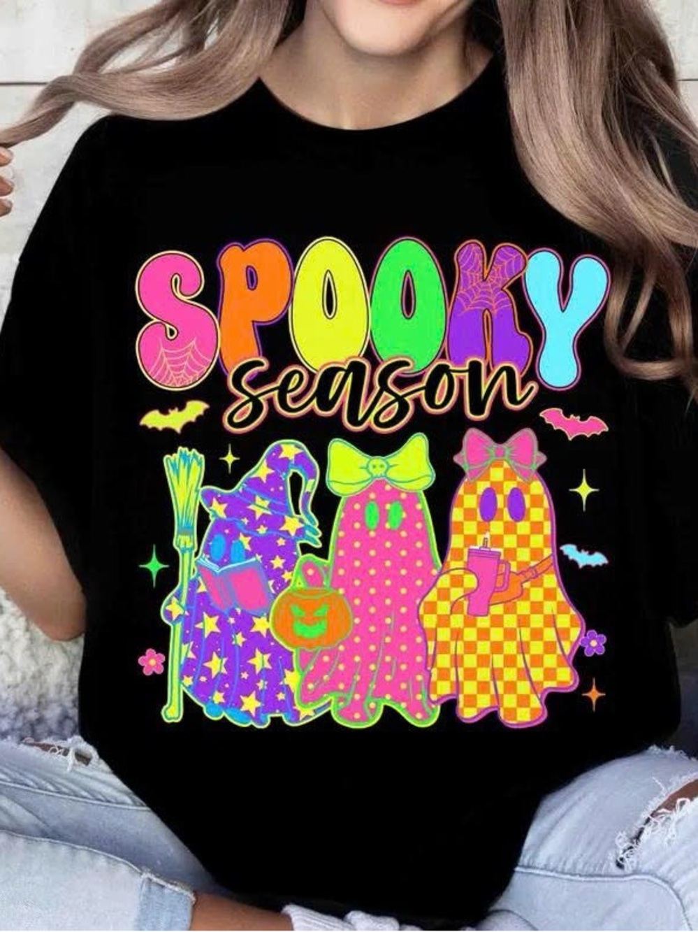 Colorful Spooky Season Black Halloween T-Shirt